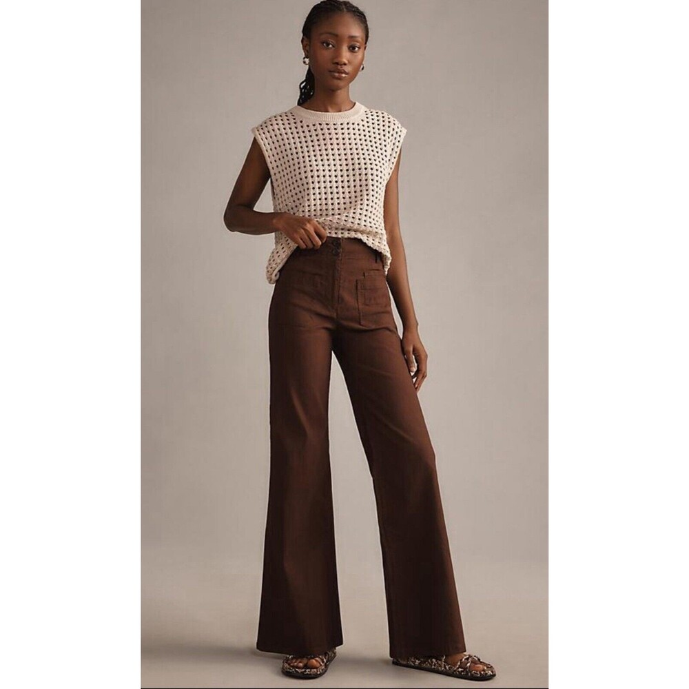 Anthropologie Maeve Women's Brown Junie Wide-leg Flared Boho Trousers Sz 32T New